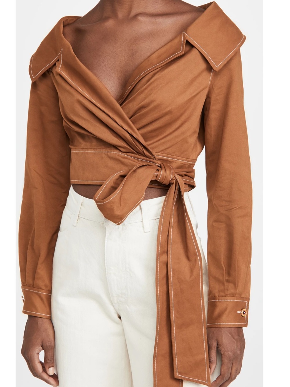 STAUD Wiz Wrap Top Jacket Shirt Cropped Shawl Collar Brown Saddle Chic XS NWT